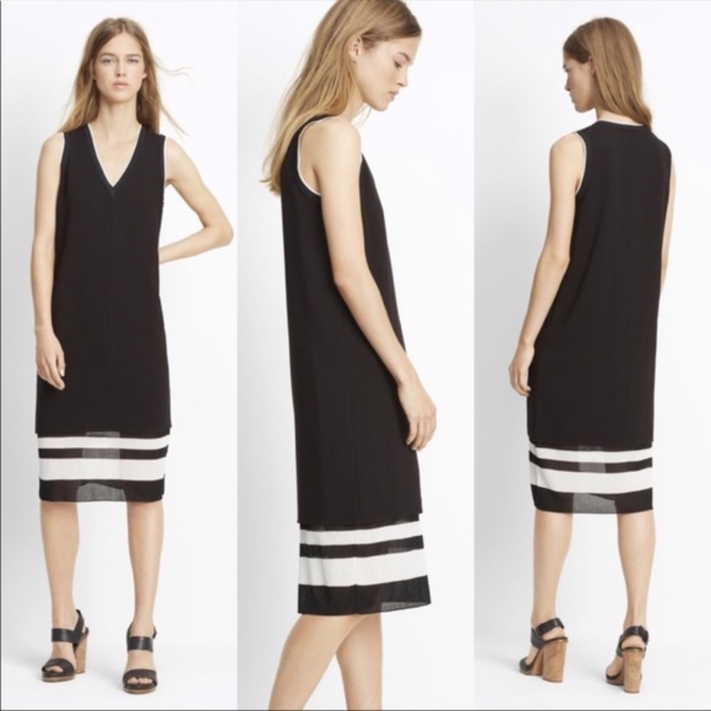 Vince Blocked Stripe Double Layer V Neck Shift Dress SZ 4